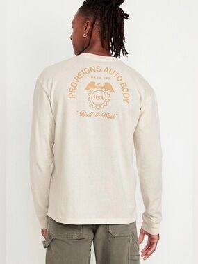 Old Navy Men’s Cream Long-Sleeve Crewneck Graphic Printed Tee w/ Embroidery XL